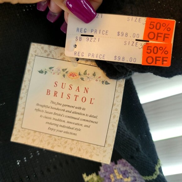 1990 Vintage Deadstock Susan Bristol Hand Embroidered Floral Knit Sweater Sz 38 - Picture 6 of 10